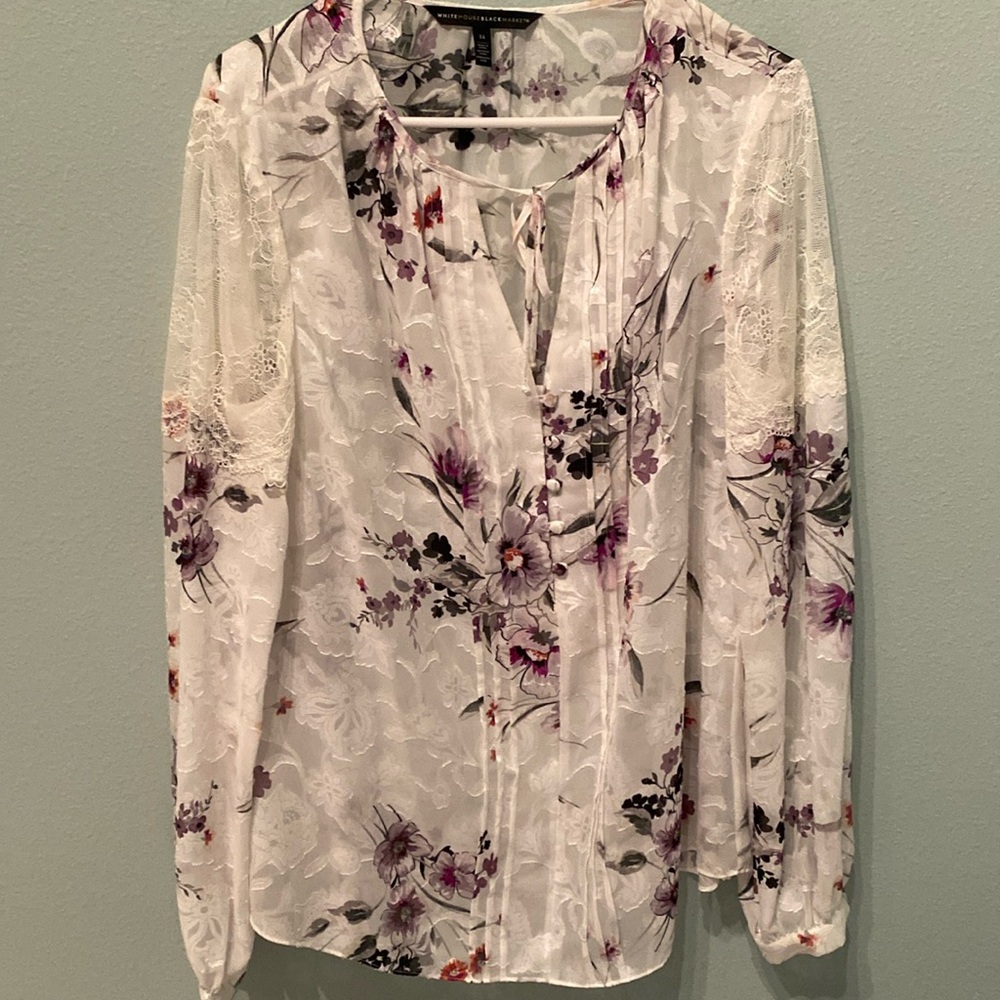 White House Black Market. Size 14 Gorgeous purple and gray floral blouse
